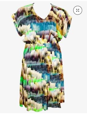 ELK COLOR-GLITCH SCANDI GIRL COLORFUL V-NECK SUSTAINABLE KNEE-LENGTH DRESS Sz6